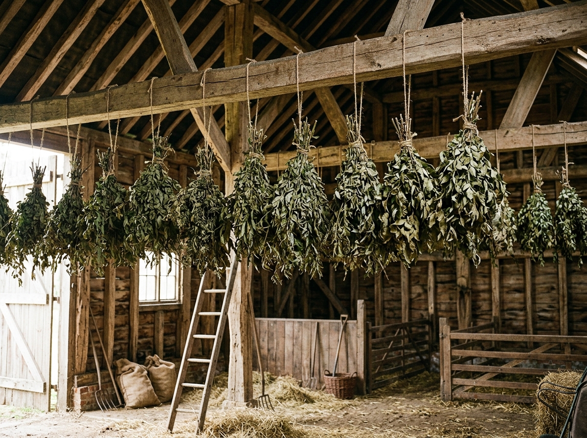 Bundles of green leafy tree hay hanging from wooden barn rafters to dry and cure
